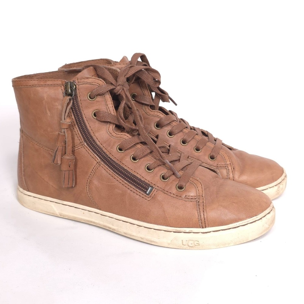 UGG Women's Sneakers 9.5 Brown Leather High Top Tassel Zip Lace Up Casual